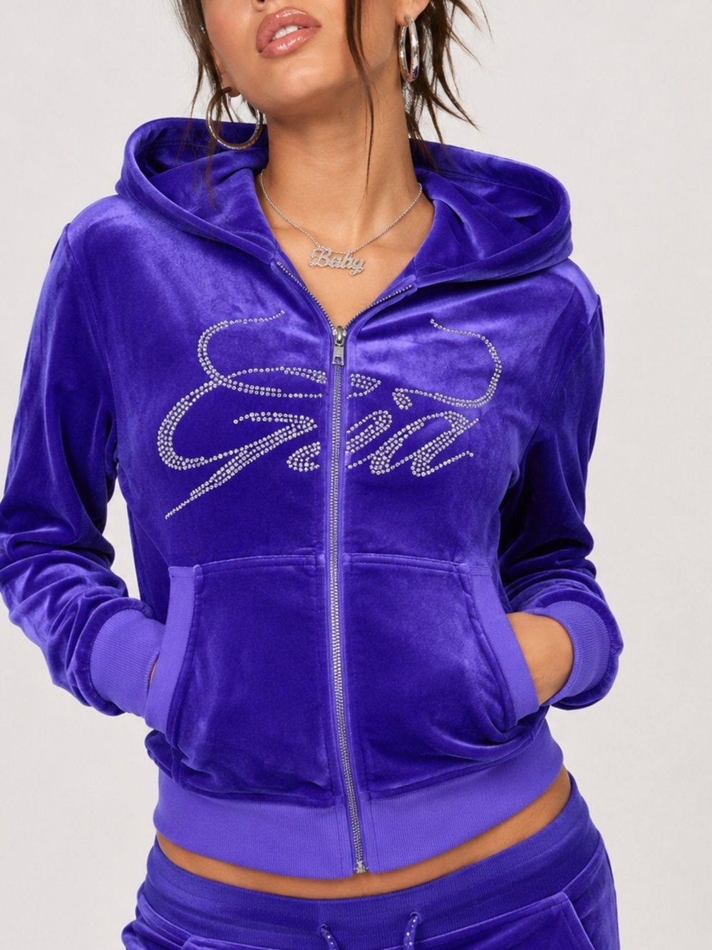 I.AM.GIA Daria Purple Velour Rhinestone Angel Wings Zip Hoodie S